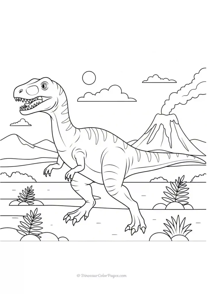 Allosaurus standing before a volcano