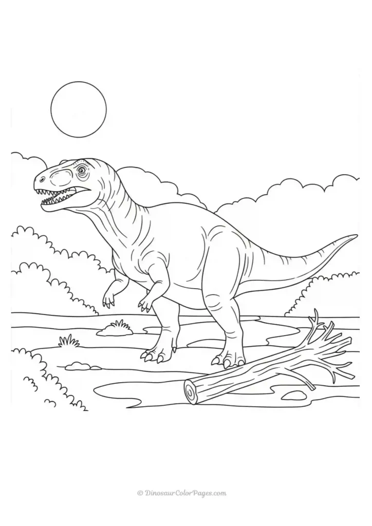 Allosaurus standing beside a dead tree