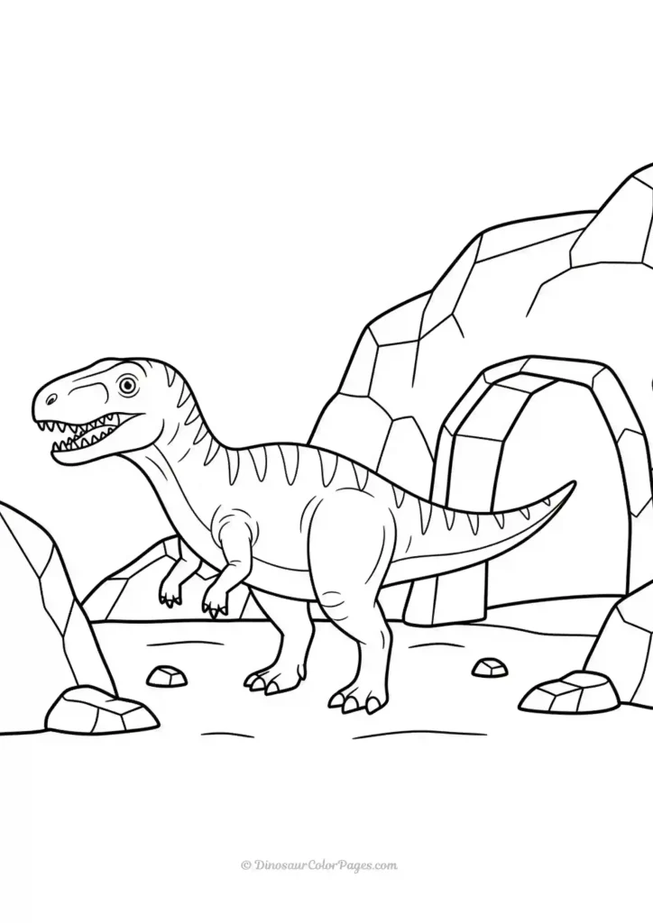 Allosaurus standing outside a cave