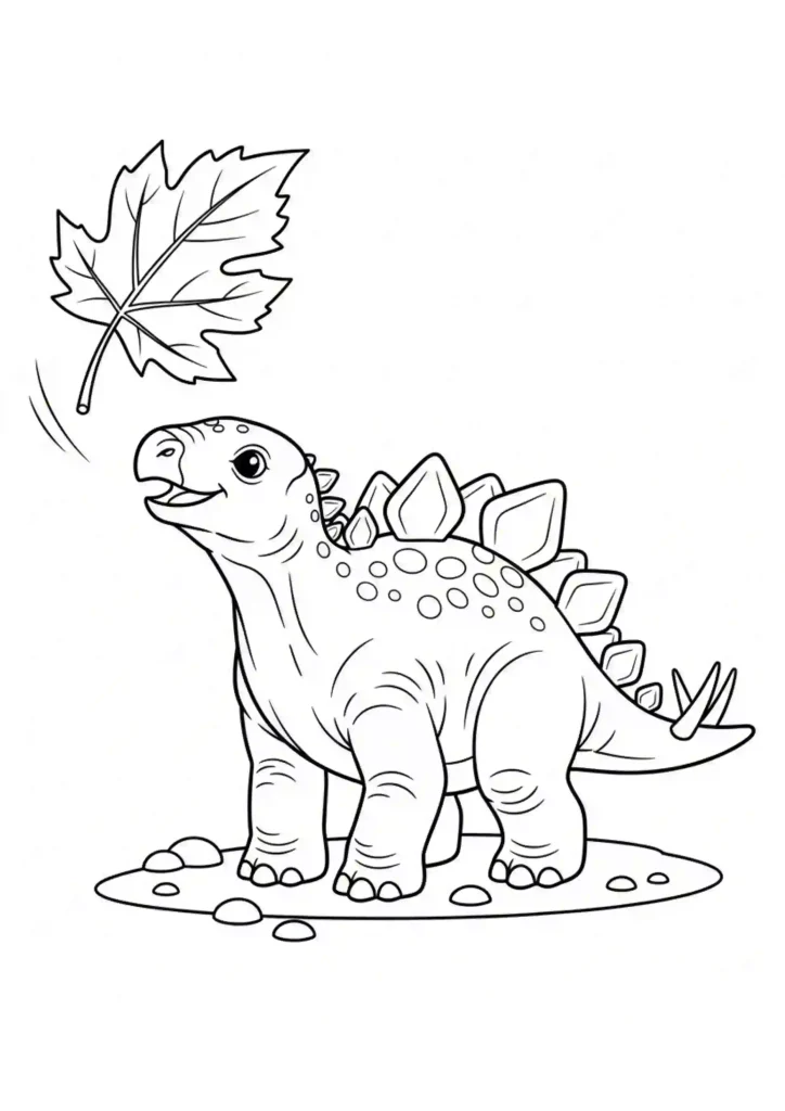 Stegosaurus baby playing with a leaf coloirng page