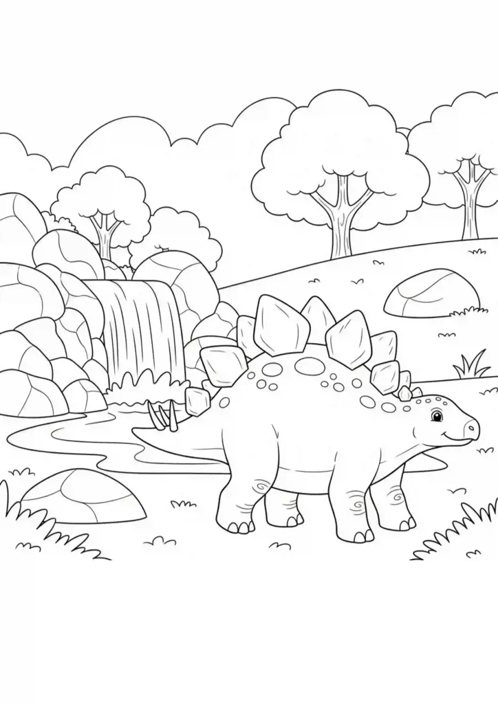 Stegosaurus standing beside a waterfall