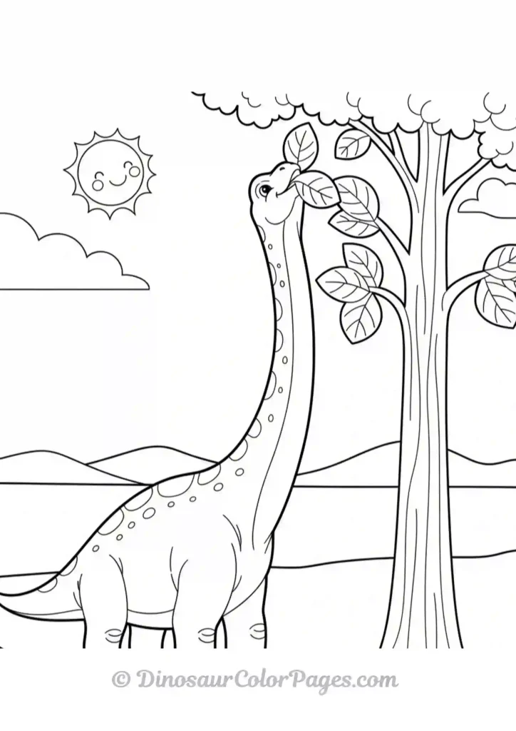 brachiosaurus coloring page, reaching up to eat leaves from a tall tree, sleek easy outline, for kids.