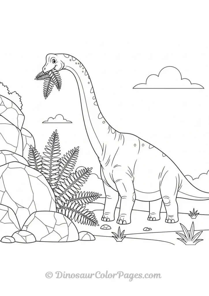 brachiosaurus eating ferns beside large rocks