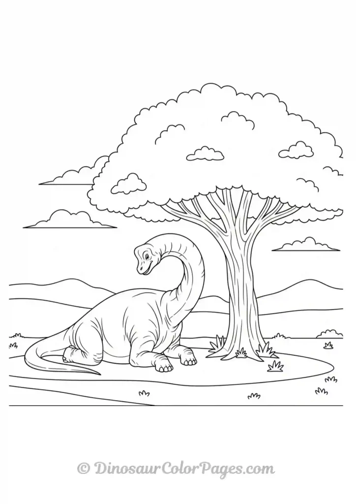 brachiosaurus resting under a large shady tree