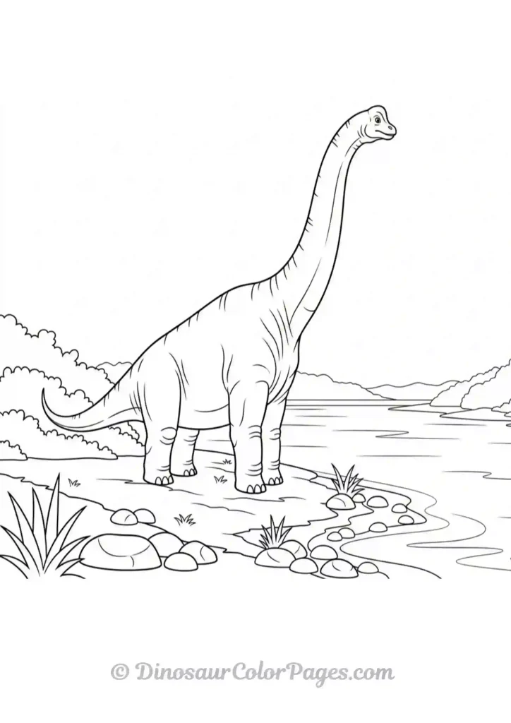 brachiosaurus standing beside a calm riverbank