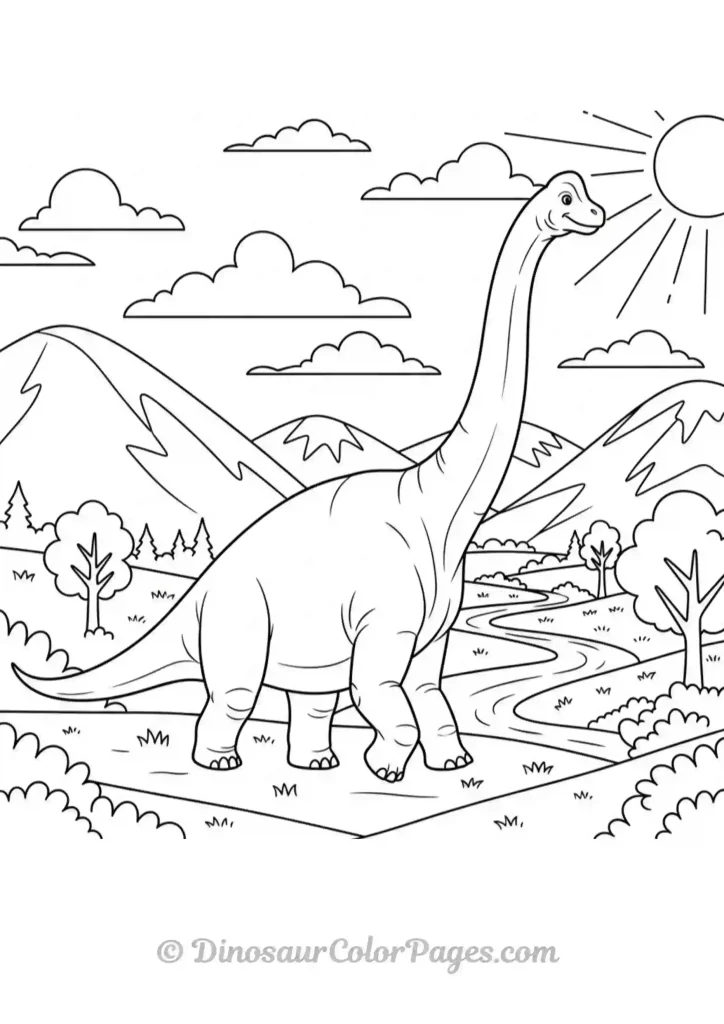 brachiosaurus walking through a peaceful valley