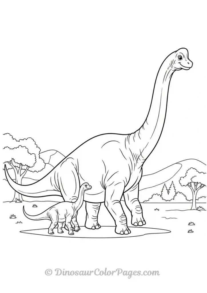 brachiosaurus walking with a baby dinosaur beside it