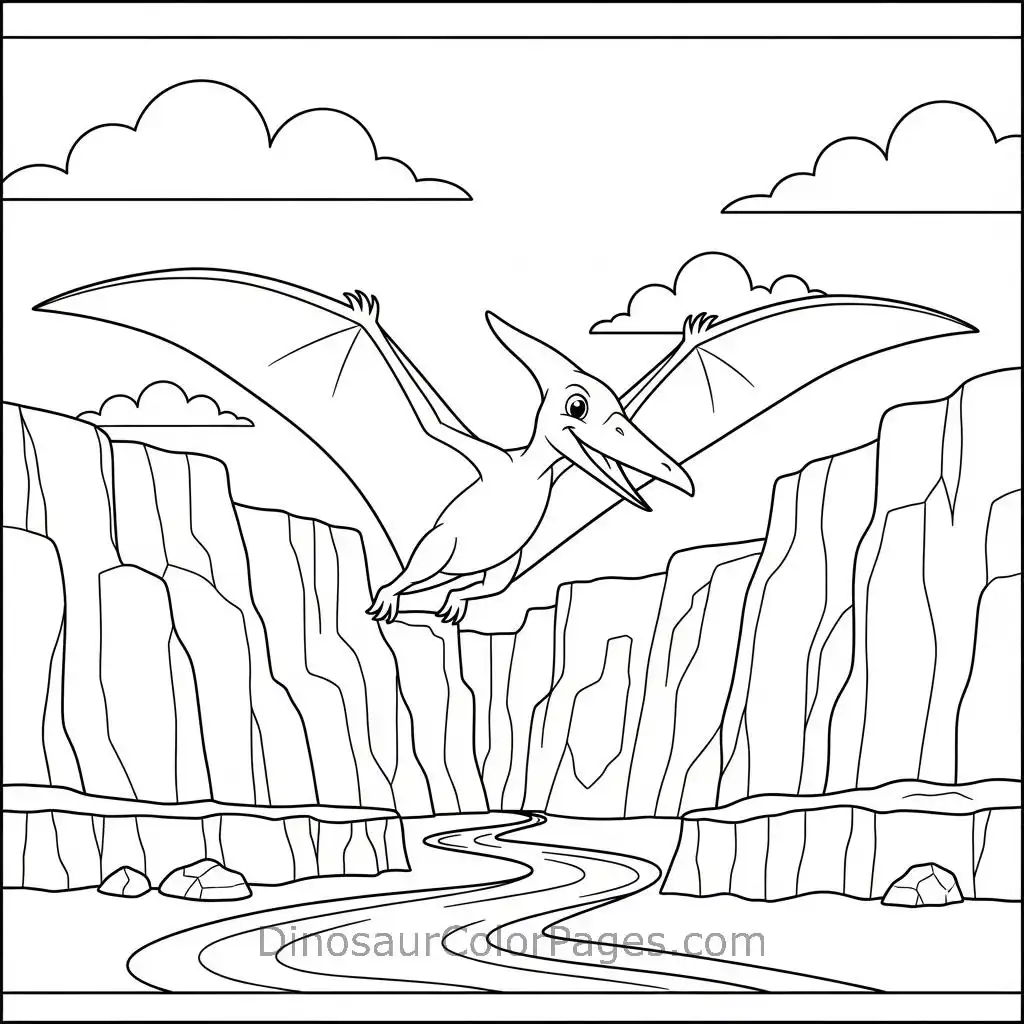 pterodactyl_flying in a valley_coloring_page