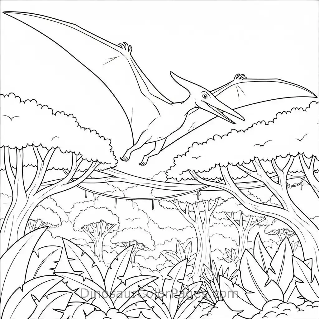 pterodactyl_flying over a jungle_coloring_page