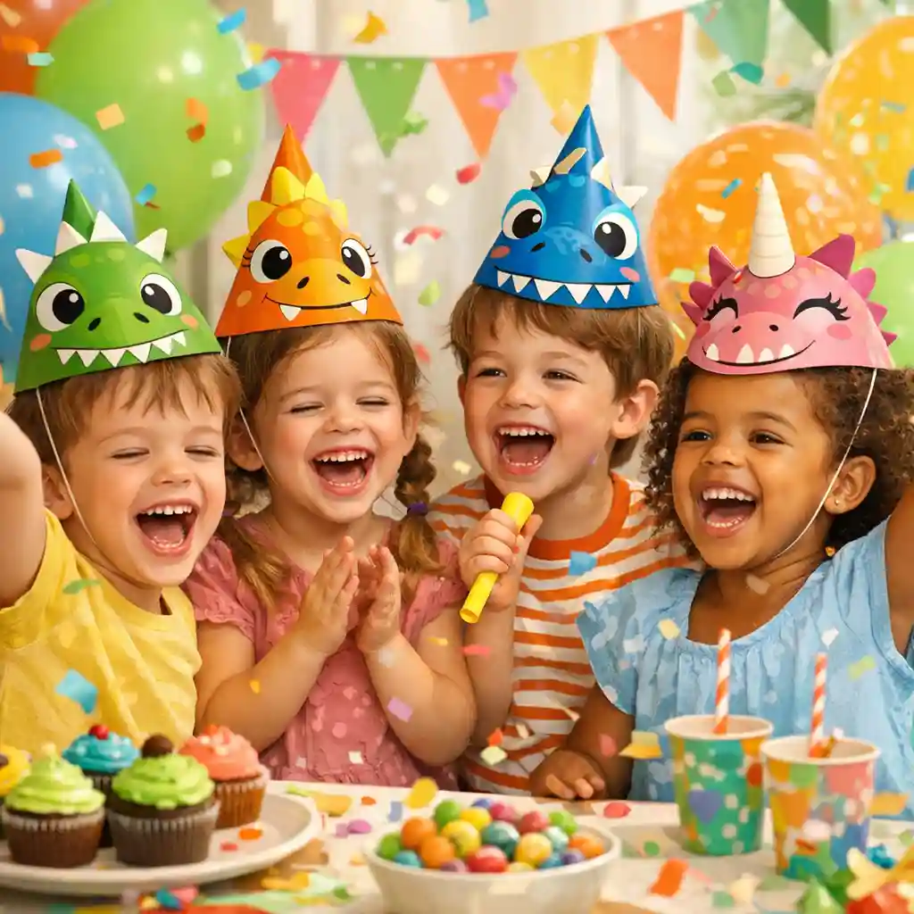 Children wearing dinosaur cone