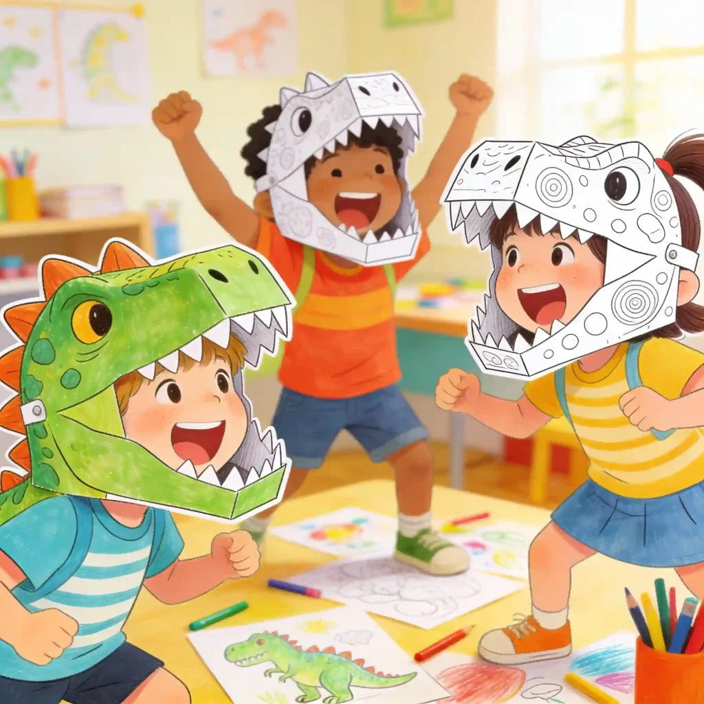 Kids wearing handmade dino masks