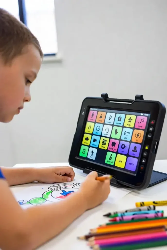 child using ACC device with coloring
