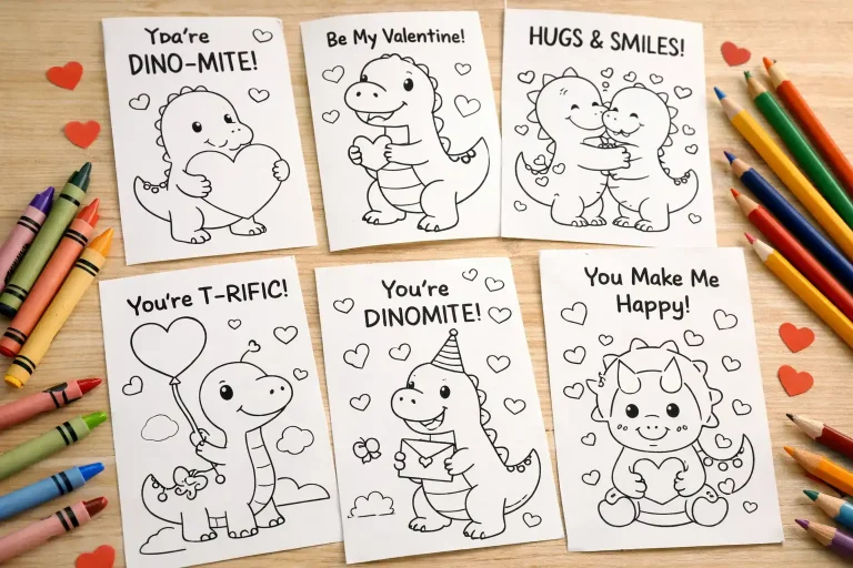 Dinosaur Valentine Cards to Color